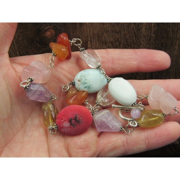 16 Inch Sterling Silver Shell Amethyst Citrine Rose Quartz Necklace - Picture 3 of 7